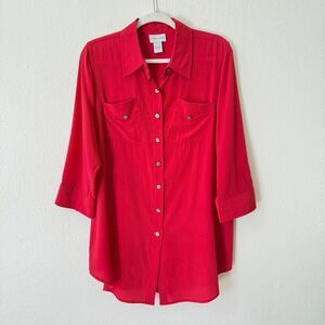 Soft Surroundings Women's Size Large Pink Button Down Shirt 3/4 Sleeve Length